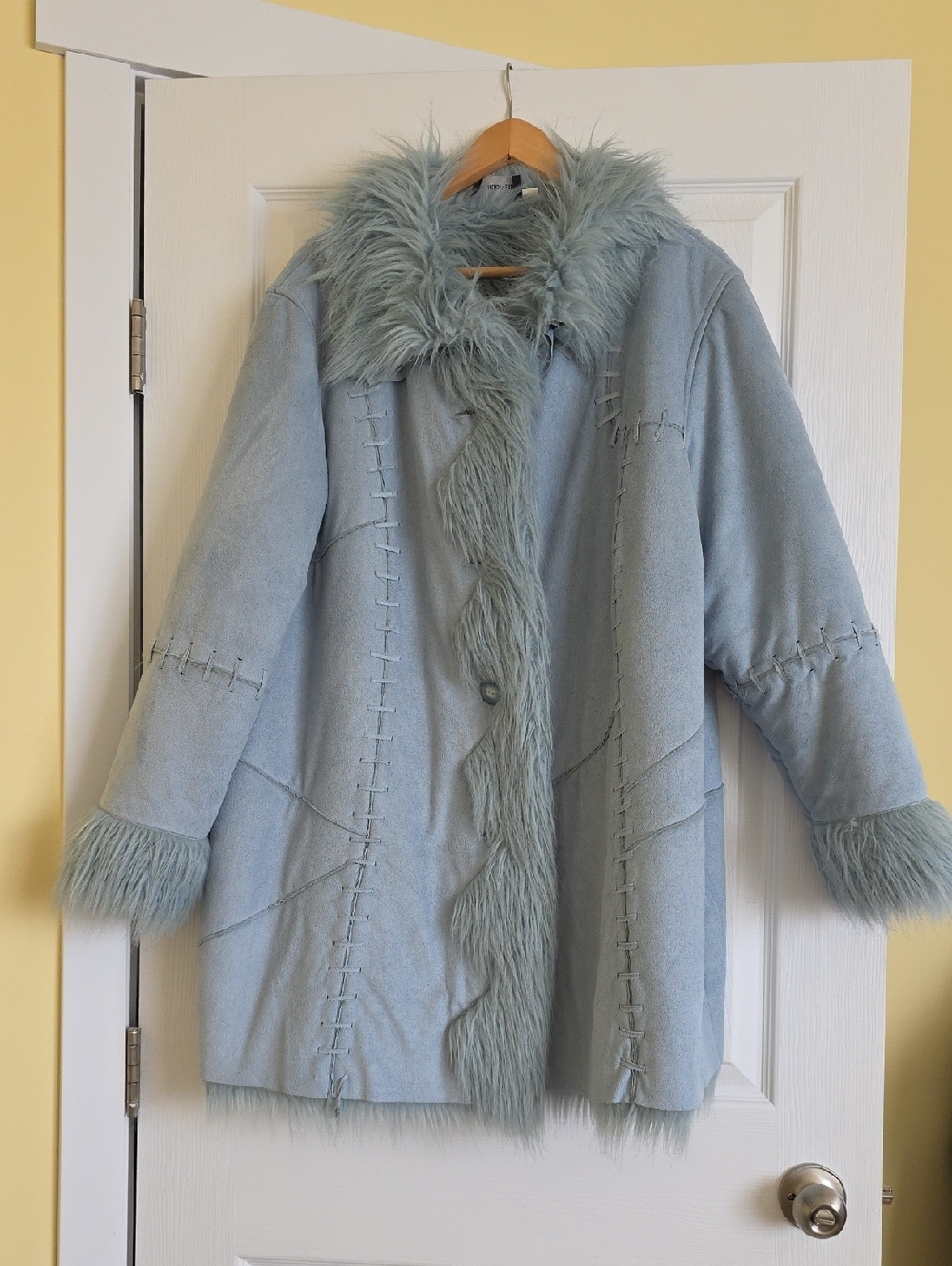 Addition Elle Light Blue Teddy Jacket with Faux Fur Trim